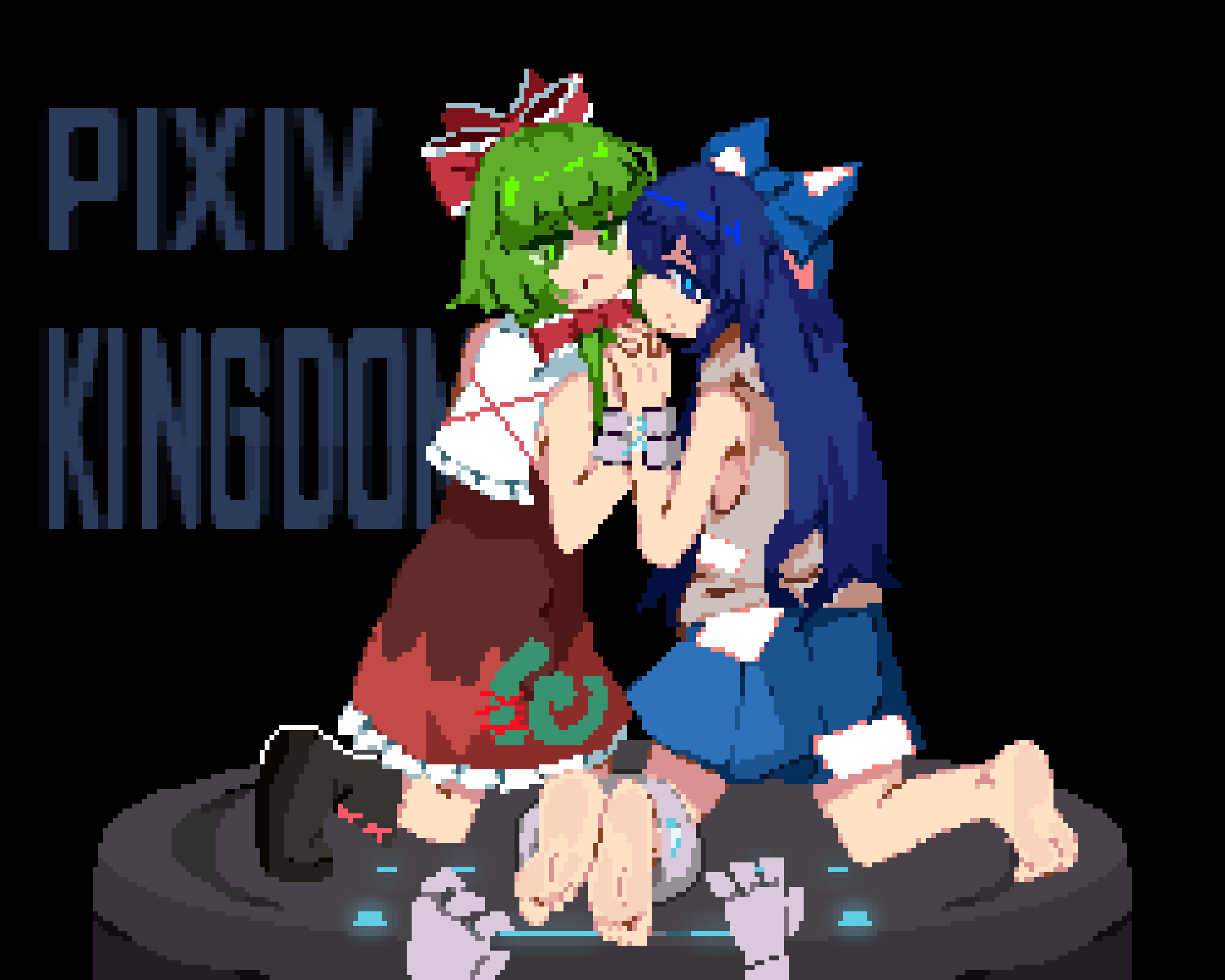 1other 2girls artist_name bare_shoulders barefoot black_background black_socks blue_eyes blue_hair blue_skirt bound_ankles bow bowtie closed_mouth dorsiflexion dress feet from_behind green_eyes green_hair hair_between_eyes hair_bow hair_ribbon hands_up highres holding_hands kagiyama_hina kingdom_(user_ysav4824) kneeling long_hair looking_at_viewer looking_back multiple_girls on_ground pixel_art red_bow red_bowtie red_dress ribbon robot sidelocks simple_background single_sock skirt socks soles toes touhou yorigami_shion