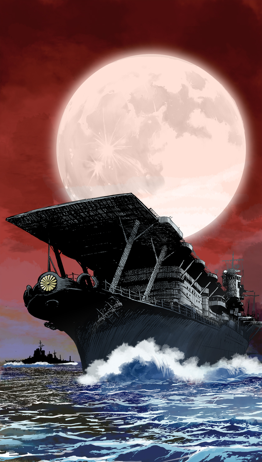 aircraft_carrier akagi_(aircraft_carrier) battleship flight_deck from_below highres imperial_japanese_navy kikumon matsuda_juukou military_vehicle moon no_humans ocean real_life red_sky ship sky splashing vehicle_focus vehicle_request warship watercraft waves world_war_ii