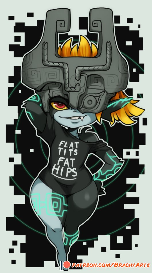 2023 5_fingers armor artist_name bioluminescence blush brachyzoid breasts clothing english_text female fingers glowing hair hand_behind_head hand_on_hip headgear helmet humanoid humanoid_pointy_ears imp markings midna navel nintendo not_furry red_eyes shirt simple_background slightly_chubby smile solo text the_legend_of_zelda thick_thighs topwear twili twilight_princess url wide_hips