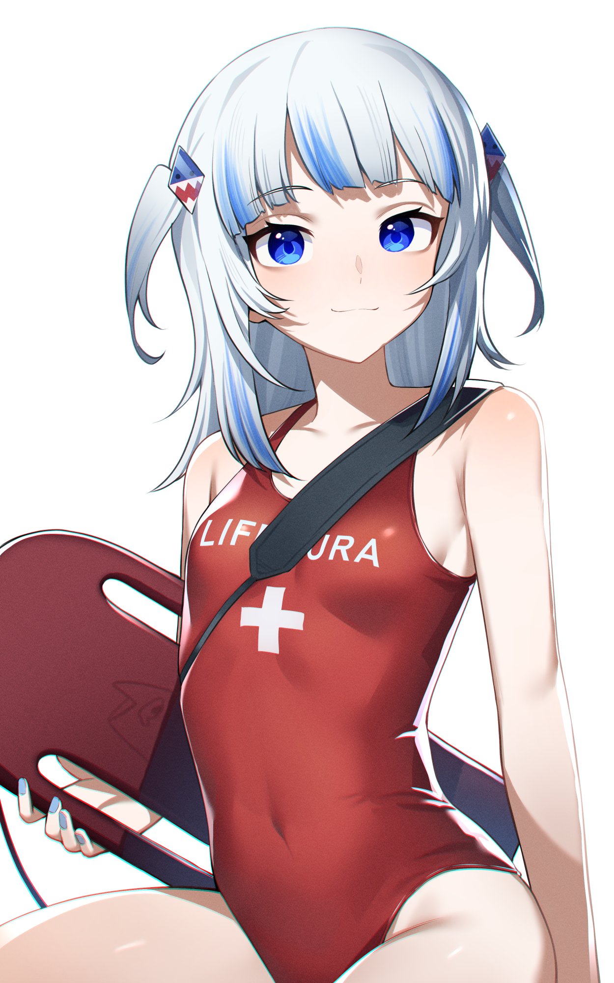 1girl alternate_costume bingsardina blue_eyes blue_hair covered_navel gawr_gura hair_ornament highres holding holding_surfboard hololive hololive_english lifeguard multicolored_hair one-piece_swimsuit red_one-piece_swimsuit shark_hair_ornament simple_background skin_tight smile solo streaked_hair surfboard swimsuit virtual_youtuber white_background