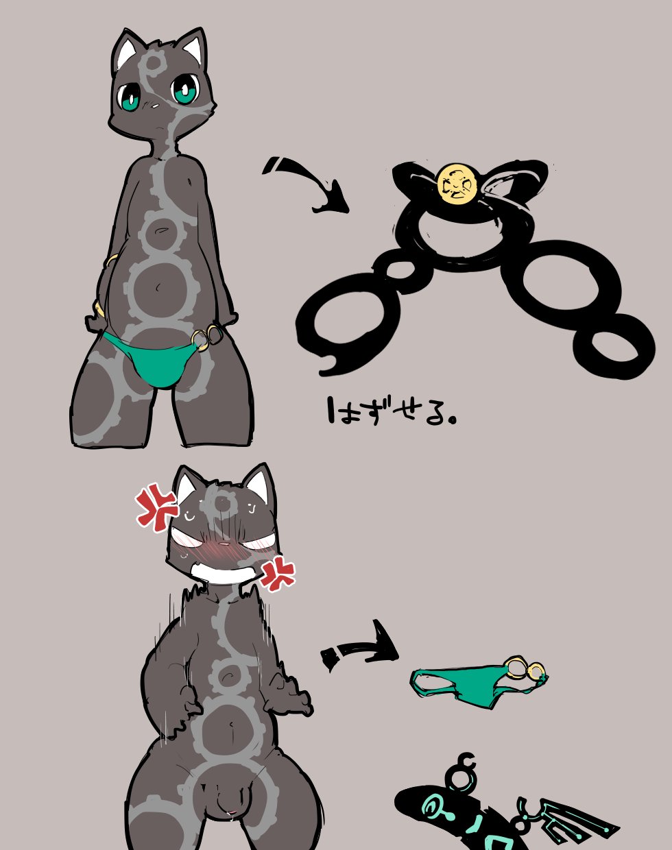 2023 5_fingers angry anthro balls black_body black_fur blush bodily_fluids clothing domestic_cat embarrassed felid feline felis fingers flaccid fur genital_fluids genitals hi_res japanese_text looking_at_viewer male mammal moesouna_gomi navel penis precum serious simple_background solo swimsuit_removed swimwear text translation_request