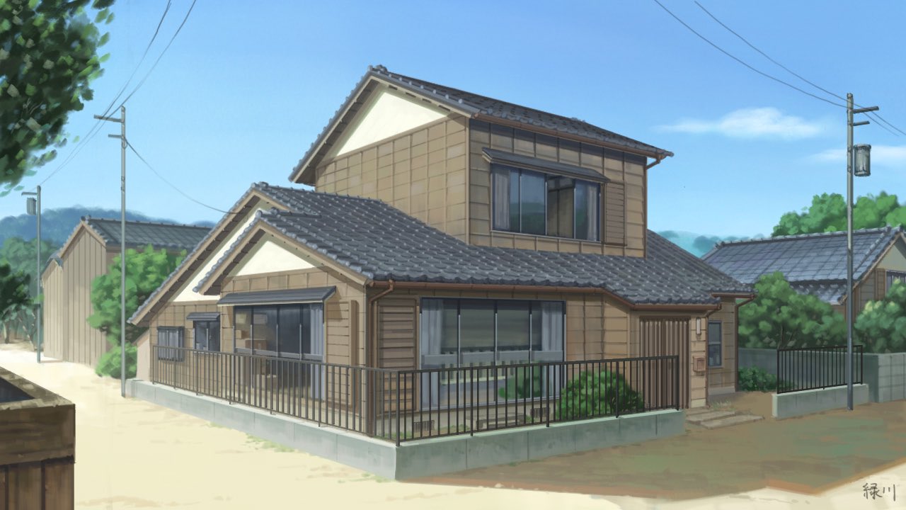 blue_sky building bush cloud cloudy_sky dirt_road door entrance fence gutter hedge house midorikawa0526 no_humans open_window original outdoors plant power_lines radiator road scenery signature sky street tile_roof tree utility_pole window wooden_door wooden_wall