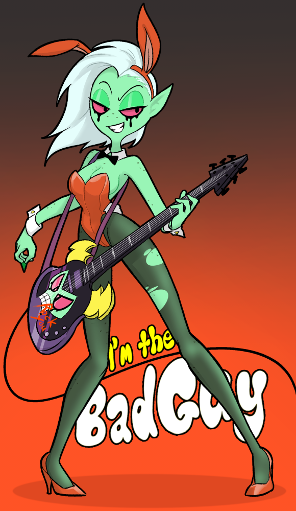 2019 alien alien_humanoid breasts bunny_costume centinel303 cleavage clothed clothing costume electric_guitar english_text eyebrows fake_ears fake_rabbit_ears female fingers footwear full-length_portrait green_body green_skin guitar hair high_heels humanoid humanoid_pointy_ears legwear lord_dominator musical_instrument narrowed_eyes not_furry pantyhose plucked_string_instrument portrait red_sclera shirt_cuffs solo standing string_instrument text torn_clothing torn_legwear torn_pantyhose wander_over_yonder white_hair