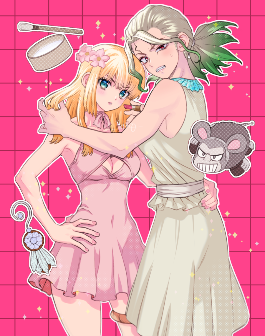 2girls bare_arms blonde_hair blue_eyes breasts cleavage cleavage_cutout clenched_teeth clothing_cutout cosmetics covered_navel cowboy_shot crossdressing dr._stone dress genderswap genderswap_(mtf) gradient_hair green_hair hand_on_another's_hip hand_on_own_hip holding holding_lipstick_tube ishigami_senkuu kohaku_(dr._stone) lipstick_tube long_hair looking_at_viewer medium_breasts multicolored_hair multiple_girls nail_polish ninomae_gin parted_lips pink_background pink_dress pink_nails ponytail red_eyes short_dress sleeveless sleeveless_dress standing sweatdrop teeth thigh_strap white_dress white_hair