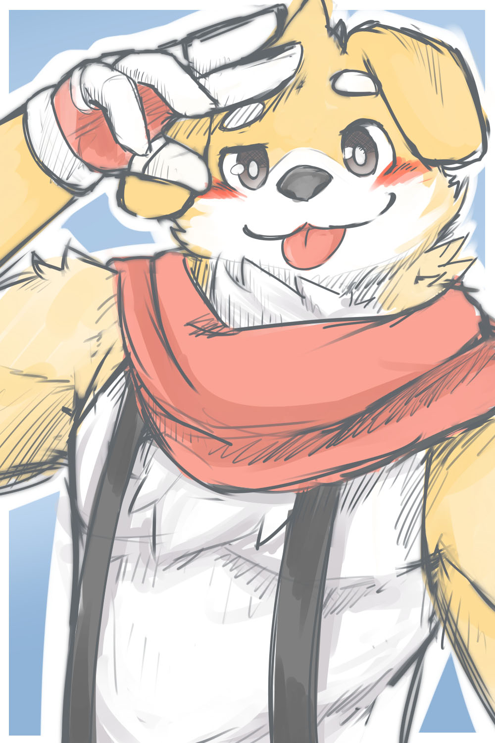 2:3 anthro blep blush brown_eyes bust_portrait cheek_tuft closed_smile clothing facial_tuft floppy_ears front_view fur glistening glistening_eyes gloves handwear hi_res kuttoyaki looking_at_viewer male mouth_closed neck_tuft outline portrait red_clothing red_gloves red_handwear red_scarf red_tongue scarf simple_background solo tongue tongue_out topwear tuft white_body white_clothing white_fur white_gloves white_handwear white_outline white_topwear yellow_body yellow_fur