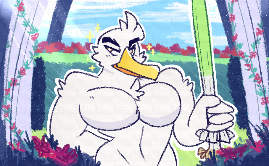 anthro beak clawzetto digital_media_(artwork) feathers flower generation_8_pokemon grass hand_behind_back holding_object holding_weapon male melee_weapon muscular muscular_male nintendo pecs plant pokemon pokemon_(species) rose_(flower) sirfetch'd solo sword weapon white_body white_feathers