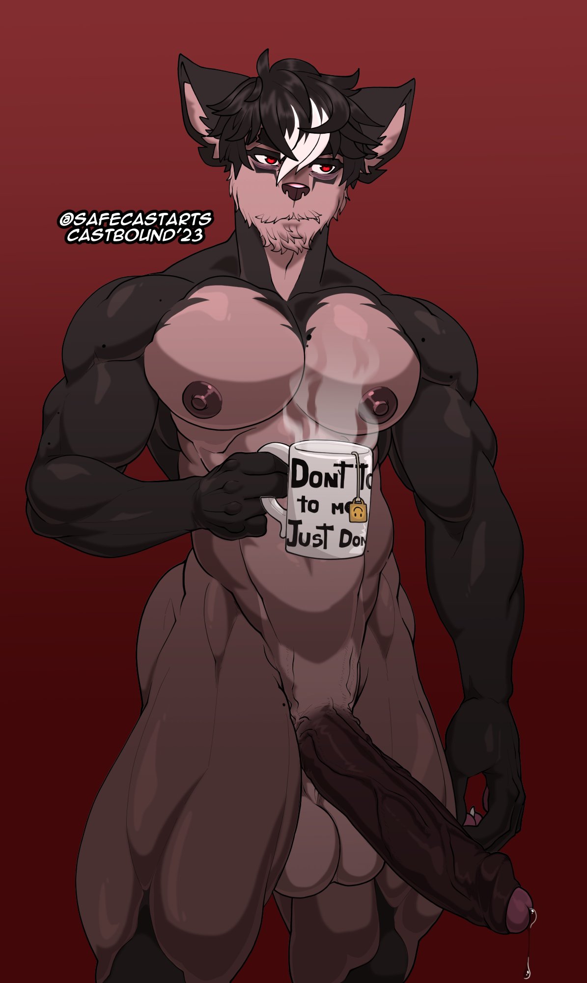 anthro areola balls beverage big_balls big_penis black_hair bodily_fluids canid canine canis castbound darkened_genitalia domestic_dog english_text erection eye_bags facial_hair foreskin genital_fluids genitals hair hi_res humanoid_genitalia humanoid_penis leaking_precum looking_away male mammal mug muscular penis precum red_eyes russell_(castbound) solo steam text thick_thighs vein veiny_penis