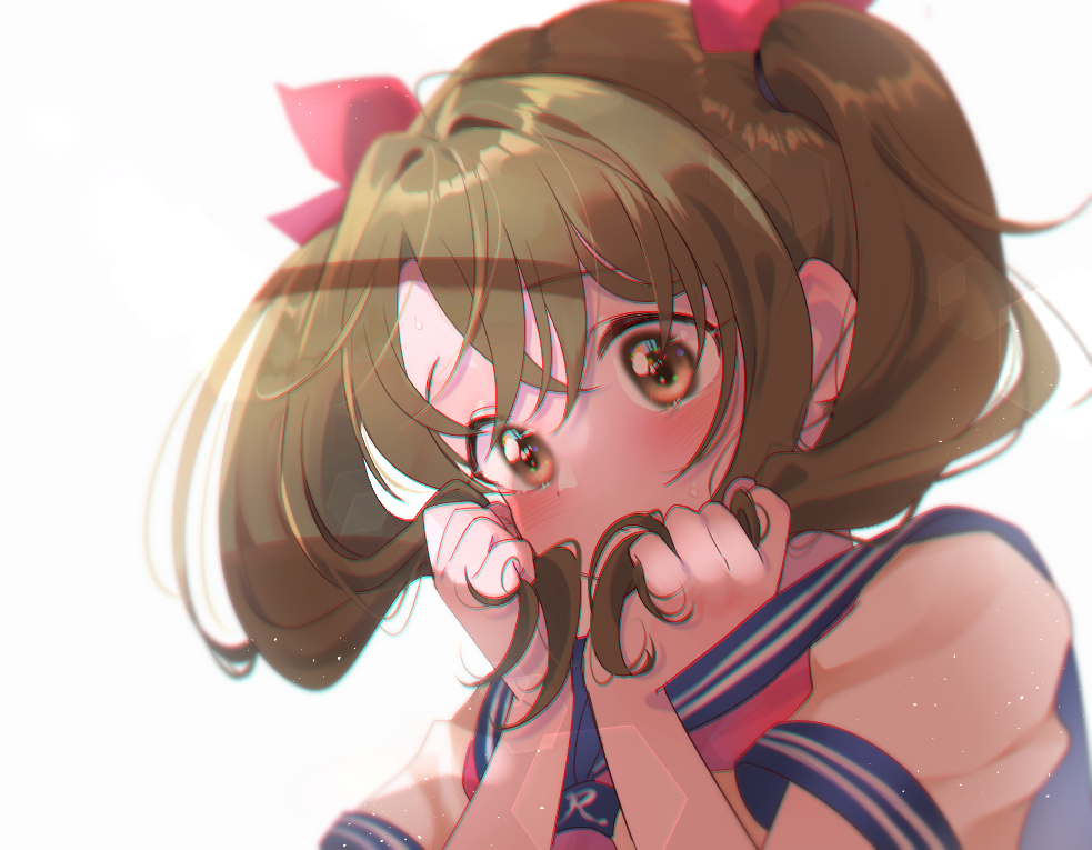 1girl blue_sailor_collar blurry blurry_background blush bow breasts brown_eyes brown_hair dot_nose hair_bow hair_ribbon hands_up holding holding_hair idolmaster idolmaster_cinderella_girls idolmaster_cinderella_girls_starlight_stage imai_kana jamu lens_flare long_hair looking_down medium_breasts neckerchief portrait red_neckerchief red_ribbon ribbon sailor_collar school_uniform serafuku short_sleeves shy simple_background solo sweatdrop twintails white_background