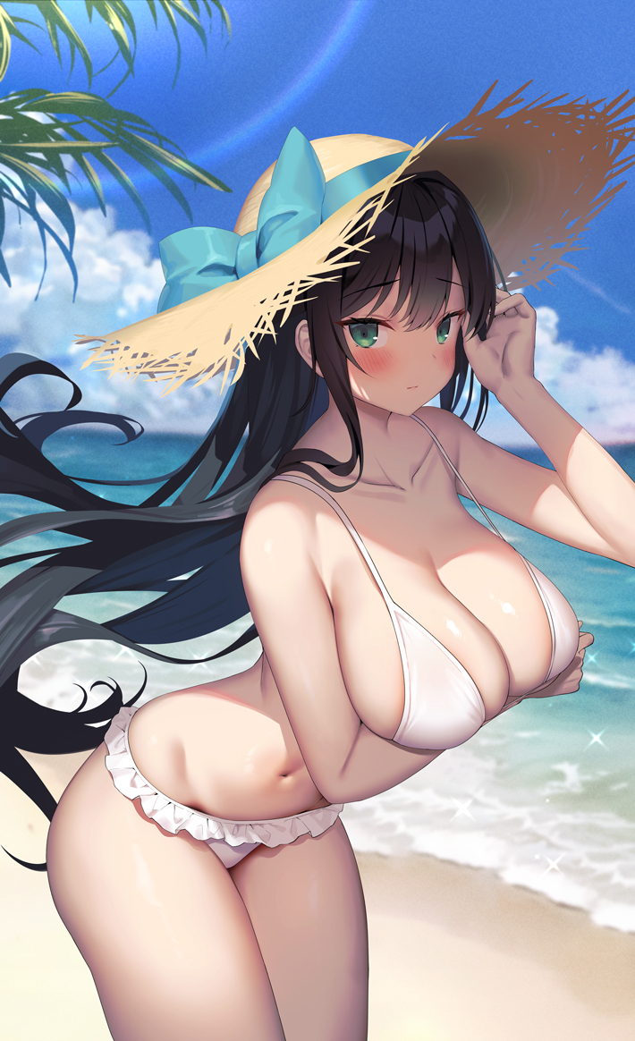 1girl arm_under_breasts bare_arms bare_shoulders beach bikini black_hair blue_bow blue_sky blush bow breasts closed_mouth cloud collarbone commentary_request cowboy_shot day floating_hair food frilled_bikini frills green_eyes hand_up hat hat_bow horizon large_breasts leaning_forward long_hair looking_at_viewer mintoaisu navel ocean original outdoors palm_tree shore sky solo stomach straw_hat swimsuit tree water white_bikini