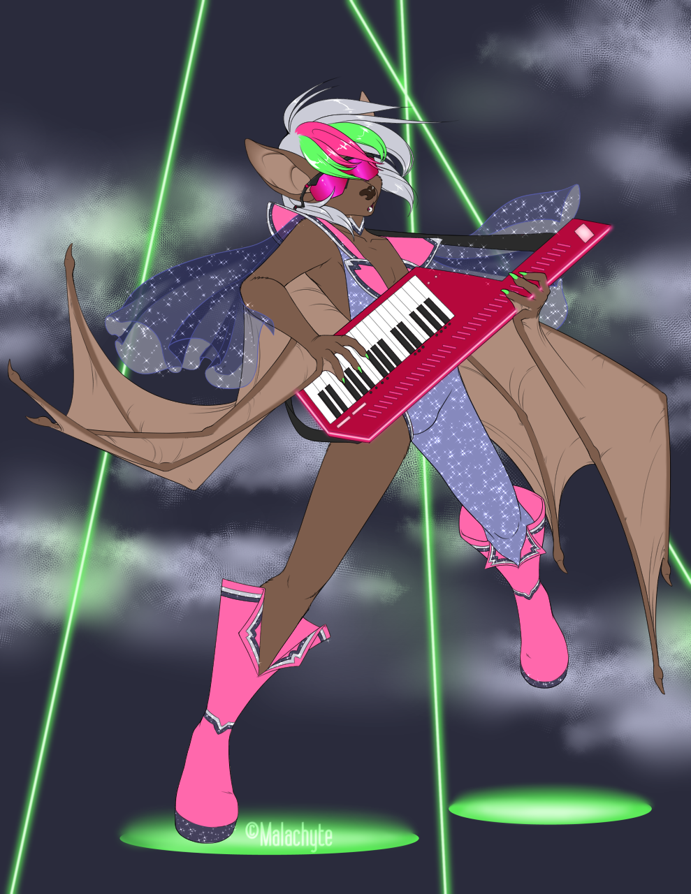 2016 80's_theme anthro bat bat_wings biped black_nose boots brown_body cape claws clothed clothing eyewear footwear front_view glasses green_hair grey_hair hair hi_res holding_musical_instrument holding_object keyboard_instrument keytar malachyte male mammal membrane_(anatomy) membranous_wings multicolored_hair musical_instrument neon open_mouth pink_boots pink_clothing pink_eyewear pink_footwear pink_glasses pink_hair playing_music short_hair solo sparkles standing teeth tight_clothing winged_arms wings