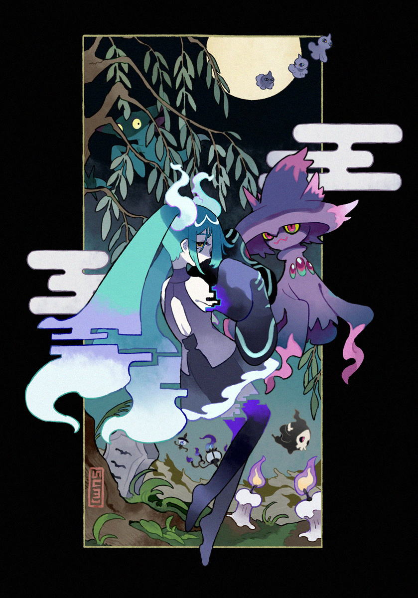 1girl aqua_hair back_cutout bare_shoulders black_thighhighs branch chandelure clothing_cutout commentary detached_arm detached_legs detached_sleeves dreepy duskull english_commentary fire floating full_body full_moon ghost_miku_(project_voltage) glitch grass grey_shirt hair_between_eyes hatsune_miku highres lampent leaf litwick long_hair looking_at_viewer looking_back mismagius moon outdoors pale_skin pokemon pokemon_(creature) project_voltage see-through see-through_skirt shirt shuppet signature skirt sleeves_past_fingers sleeves_past_wrists solo thighhighs tombstone twintails very_long_hair vocaloid will-o'-the-wisp_(mythology) yellow_eyes yotsu_kado