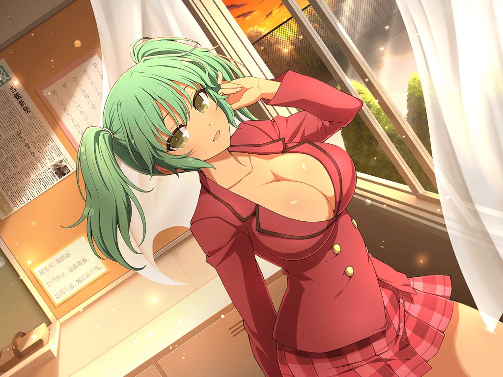 1girl blush board_eraser breasts bulletin_board bush buttons chain-link_fence chalkboard classroom cleavage cloud collarbone crossover curtains dark-skinned_female dark_skin double-breasted eraser evening fence green_eyes green_hair hair_between_eyes ikkitousen indoors large_breasts looking_at_viewer miniskirt newspaper official_art orange_sky paper plaid plaid_skirt pleated_skirt red_shirt red_skirt ryofu_housen school school_uniform senran_kagura senran_kagura_new_link shiny_skin shirt short_hair skirt sky smile solo sunset translation_request twilight twintails window windowsill yaegashi_nan