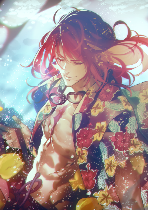 1boy closed_eyes fate/grand_order fate_(series) fish goggles goggles_around_neck hawaiian_shirt long_hair morii_shizuki nipples official_alternate_costume official_art open_clothes open_shirt red_hair shirt tristan_(fate) underwater