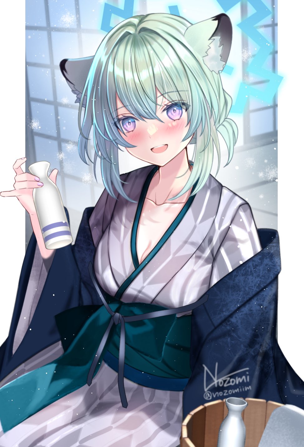 1girl animal_ears bath_yukata blue_archive blue_halo blush hair_between_eyes halo highres japanese_clothes kimono light_green_hair nozomi_fuuten obi official_alternate_costume open_mouth purple_eyes sash shigure_(blue_archive) shigure_(hot_spring)_(blue_archive) short_hair signature simple_background smile solo twitter_username weasel_ears white_background white_kimono yukata