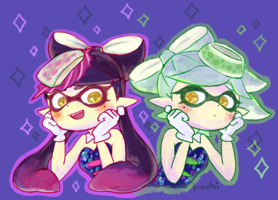 2girls blush callie_(splatoon) cross-shaped_pupils detached_collar earrings gloves hachi_gm jewelry long_hair marie_(splatoon) multiple_girls open_mouth pointy_ears purple_background purple_hair short_hair sparkle splatoon_(series) symbol-shaped_pupils tentacle_hair white_gloves white_hair