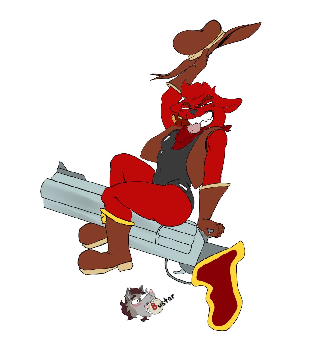 anthro blep cigar clothing cowboy_hat coyotebbbusted demon gremile_'hotshot' grin gun handgun hat headgear headwear imp kings_of_hell leotard male navel pistol ranged_weapon simple_background smile smoking solo spade_tail tail tongue tongue_out weapon white_background