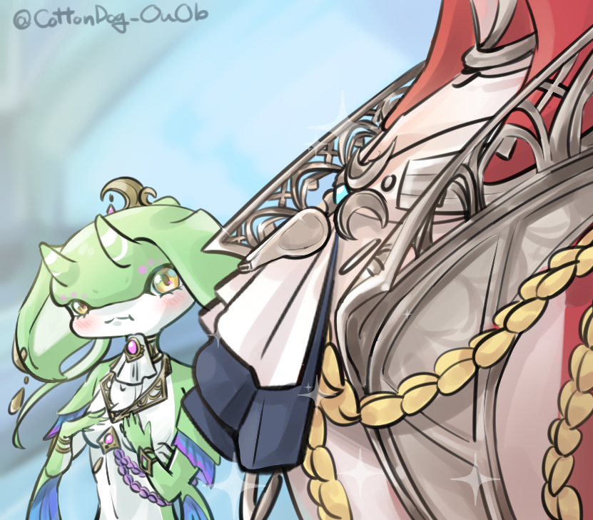 1boy 1girl artist_name blush bracelet breast_envy colored_skin cottondog_ouob fish_boy from_side furry gem green_horns jewelry looking_at_another looking_at_pectorals meme pectoral_envy_(meme) pectorals pout red_skin sidon sparkle the_legend_of_zelda the_legend_of_zelda:_tears_of_the_kingdom upper_body whistle yellow_eyes yona_(zelda) zora