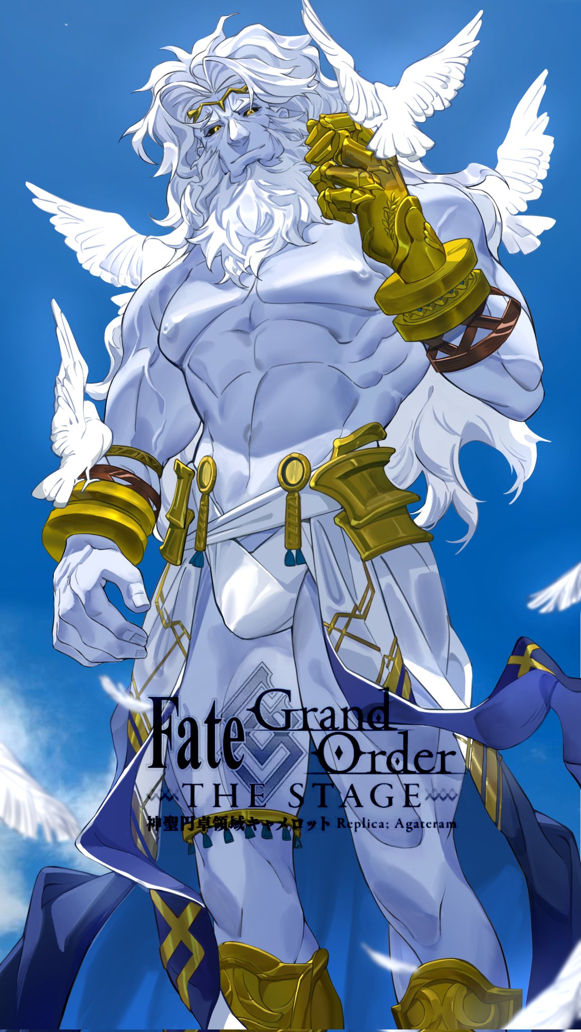 1boy abs animal_on_shoulder bara beard bird bird_on_shoulder black_sclera bulge colored_sclera copyright_name error facial_hair fate/grand_order fate_(series) feet_out_of_frame from_below gauntlets glowing glowing_eyes gold greek_clothes highres large_pectorals loincloth long_beard male_focus mature_male mixiaomoyuwangdamo_(wang_da_mo) mountain muscular muscular_male navel nipples old old_man pectorals pigeon revision short_hair smile solo standing stomach thick_thighs thighs topless_male zeus_(fate)