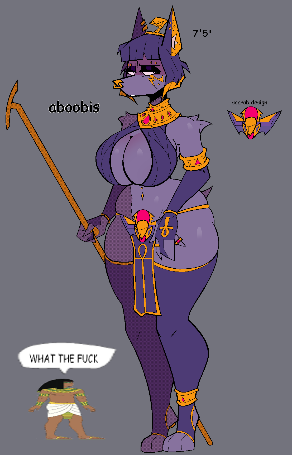 aboobis_(xexeezy) annoyed_expression anthro anubian_jackal anubis big_breasts bottomwear breasts canid canine canis cleavage clothed clothing crown decorative_scarab deity egyptian_clothing egyptian_mythology female headgear hi_res human jackal jewelry legwear loincloth mammal middle_eastern_mythology model_sheet mythology navel navel_piercing piercing purple_body solo staff stockings teeth wide_hips xexeezy