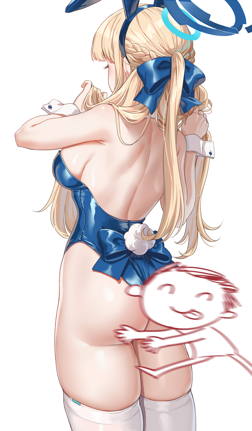 1boy 1girl animal_ears arona's_sensei_doodle_(blue_archive) artist_request ass back backless_leotard backless_outfit bare_arms blonde_hair blue_archive blue_hairband blue_leotard braid breasts fake_animal_ears fake_tail fangxiang_cuoluan from_behind hair_ornament hairband halo hands_up highleg highleg_leotard highres large_breasts leotard playboy_bunny rabbit_ears rabbit_tail sensei_(blue_archive) simple_background solo_focus tail thighhighs thighs toki_(blue_archive) toki_(bunny)_(blue_archive) white_background white_thighhighs wrist_cuffs