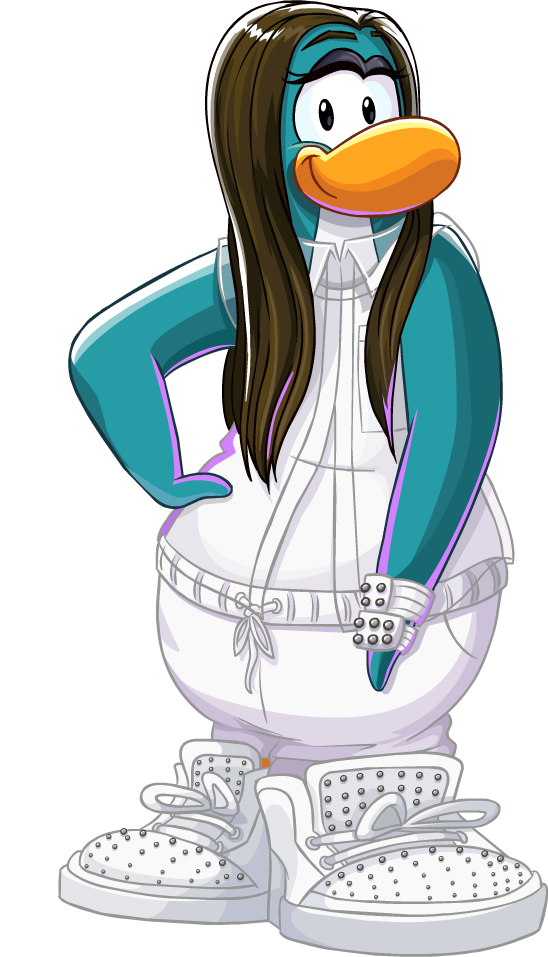 avian bird blue_body bottomwear bracelet brown_hair clothing club_penguin collared_shirt female footwear full-length_portrait hair jewelry long_hair looking_at_viewer official_art pants penguin portrait shirt shoes sleeveless sleeveless_shirt smile solo topwear unknown_artist white_bottomwear white_clothing white_footwear white_pants white_shirt white_topwear zendaya