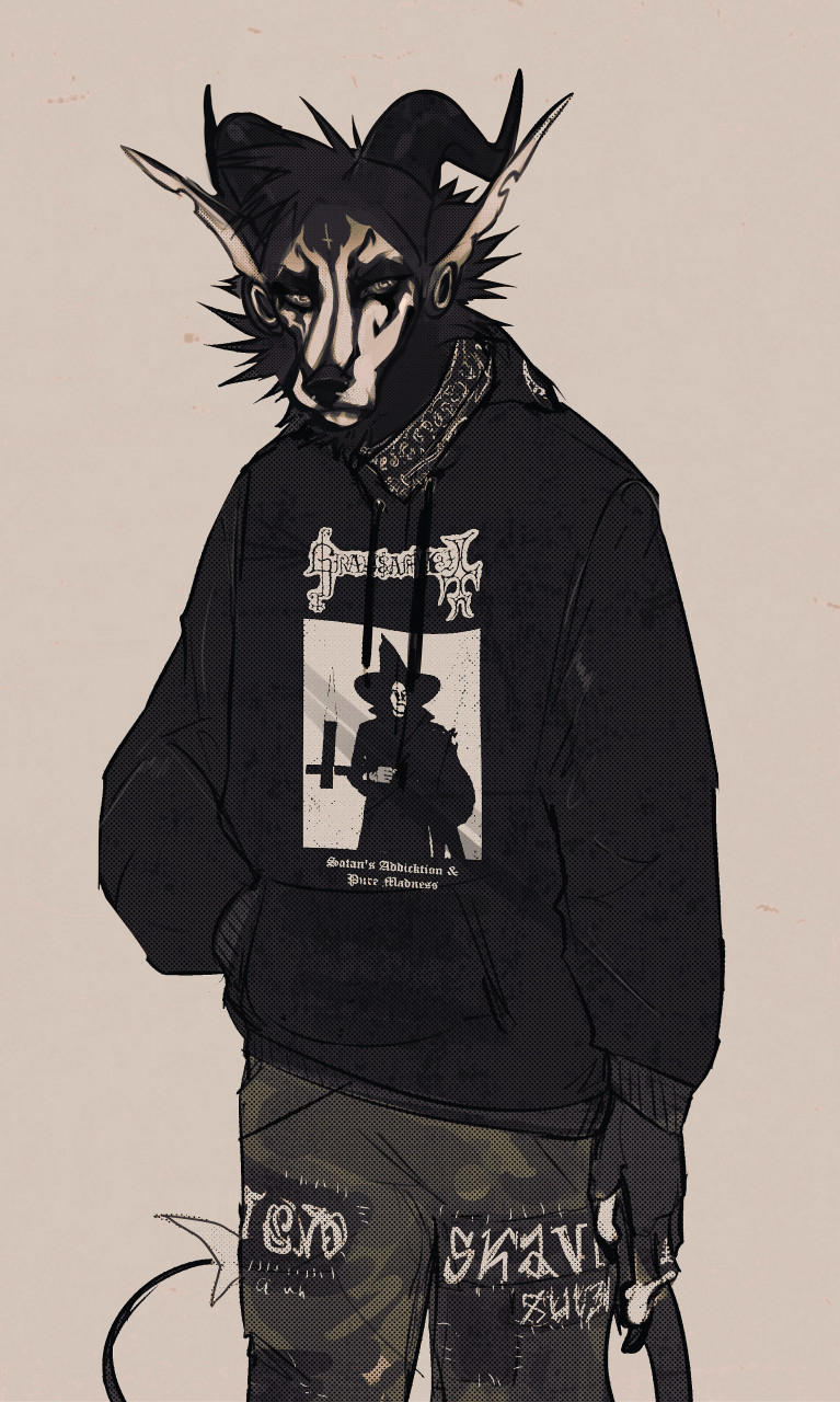 anthro big_ears black_metal bottomwear canid canid_demon canine canis clothing corpse_paint demon domestic_dog evil_look hellhound hi_res hoodie horn male mammal moonmoon_ext pants patch_(fabric) punk solo topwear vratyas