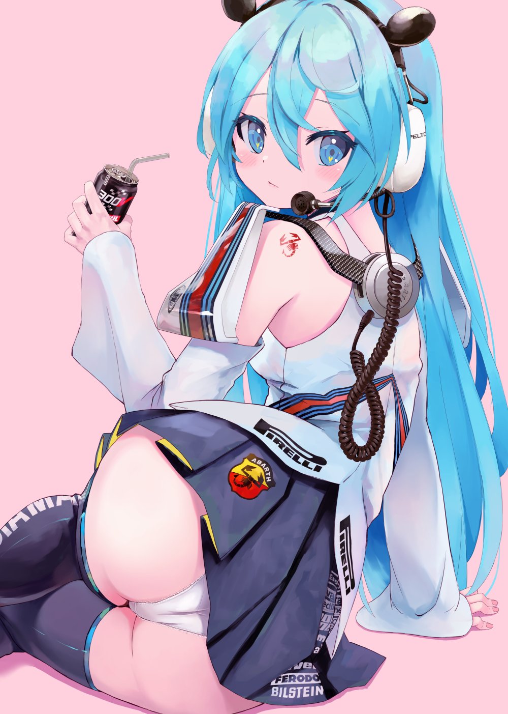 1girl alternate_hairstyle aqua_eyes aqua_hair arm_support ass blush can check_copyright copyright_request from_behind good_ass_day hair_between_eyes hatsune_miku headphones headset highres holding holding_can looking_at_viewer looking_back panties pirelli shoulder_tattoo sitting takepon1123 tank_top tattoo underwear vocaloid white_panties white_sleeves white_tank_top yokozuwari