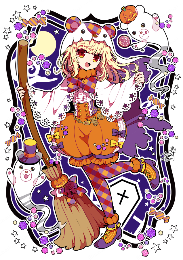 1girl blonde_hair bow bowtie broom candy corset elina_(e2n04n) food frills halloween holding holding_broom open_mouth original solo standing standing_on_one_leg yellow_eyes