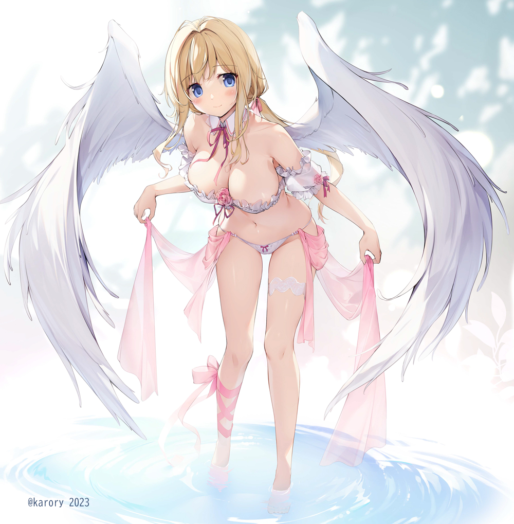 1girl angel_wings bikini blonde_hair blue_eyes blush breasts cleavage commentary_request frilled_bikini frills full_body karory large_breasts long_hair looking_at_viewer low_twintails neck_ribbon original red_ribbon ribbon solo standing swimsuit twintails twitter_username white_bikini white_wings wings
