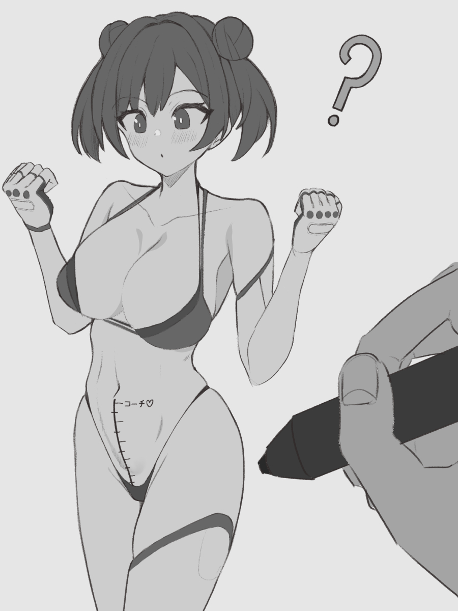 1girl ? bikini blush breasts bridal_gauntlets cleavage collarbone commentary_request confused cowboy_shot dolphin_wave double_bun groin hair_bun halterneck highleg highleg_bikini highres holding holding_marker large_breasts length_markings marker micro_bikini monochrome panda_(artist2) penis_measuring sakimiya_iruka shadow short_hair short_twintails single_thighhigh swimsuit thighhighs twintails w_arms