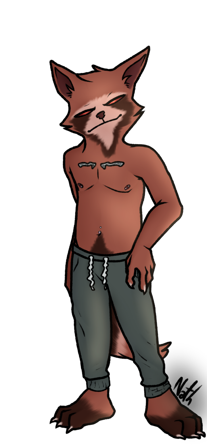 anthro big_feet bodily_fluids brown_body brown_fur claws clothed clothing digital_media_(artwork) feet fur guardians_of_the_galaxy hair hi_res looking_at_viewer male mammal marvel nate_foster navel navel_piercing nipple_piercing nipples piercing procyonid raccoon red_eyes rocket_raccoon shirtless smile solo tail toe_claws
