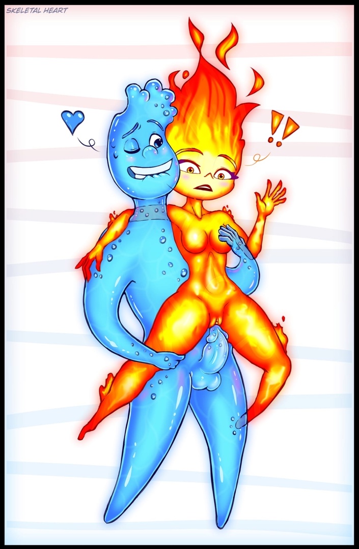 blue_eyes breasts disney elemental_(pixar) elemental_creature elemental_humanoid ember_lumen female fire fire_creature flaming_hair genitals gradient_background humanoid liquid_hair male not_furry nude orange_eyes penis pixar pseudo_hair pussy sex simple_background skeletalheart wade_ripple water water_creature