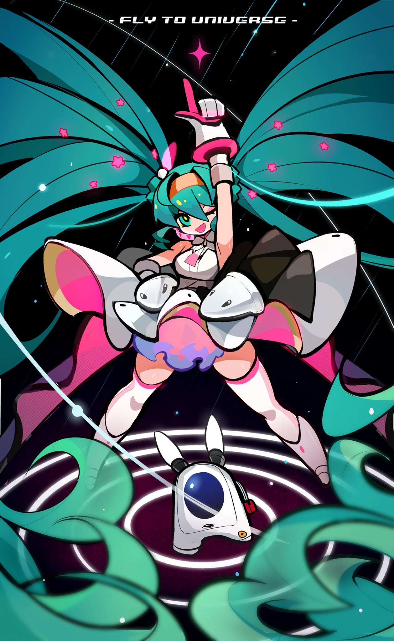 1girl ;d absurdly_long_hair among_us animal_ears aqua_eyes aqua_hair arm_up bare_shoulders black_background boots breasts creature crewmate_(among_us) crossover dress english_text finger_gun gloves green_eyes hairband hand_on_own_hip hatsune_miku highres legs_apart long_hair looking_at_viewer mai_nanhai_de_xiao_zongcai one_eye_closed petticoat planetary_ring pointing pointing_up rabbit_ears ripples sash shooting_star sleeveless sleeveless_dress smile standing star_(sky) star_(symbol) thighhighs twintails two-sided_fabric very_long_hair vocaloid white_dress white_gloves white_thighhighs wristband