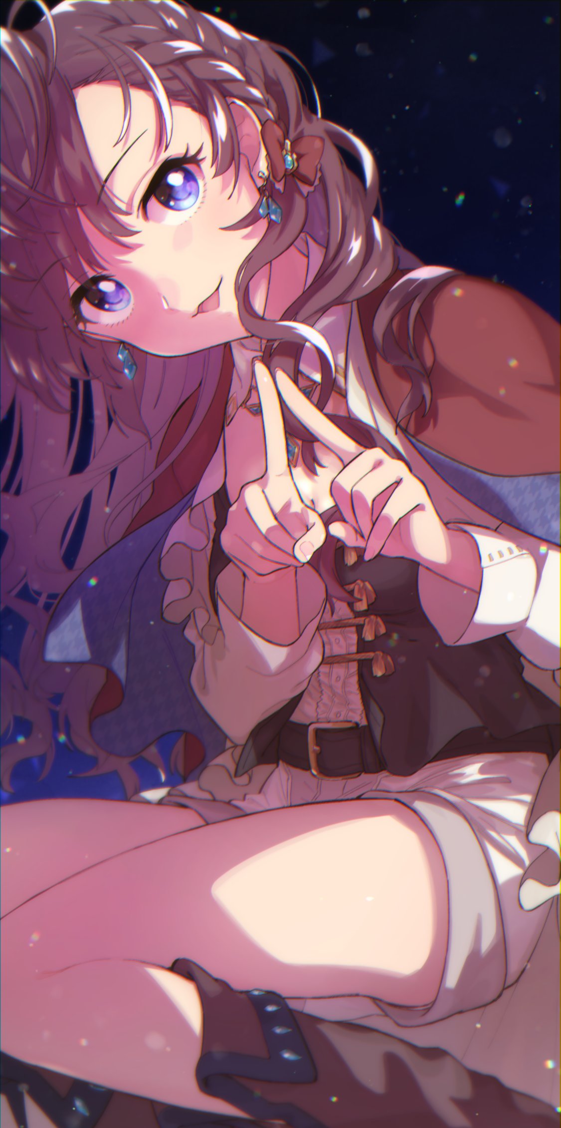 1girl :3 belt blue_eyes boots bow braid brown_hair capelet collared_shirt earrings hair_bow highres ichinose_shiki idolmaster idolmaster_cinderella_girls index_finger_raised index_fingers_together jewelry light_particles long_hair looking_at_viewer nanonin parted_lips shirt shorts sitting smile solo wavy_hair white_shirt