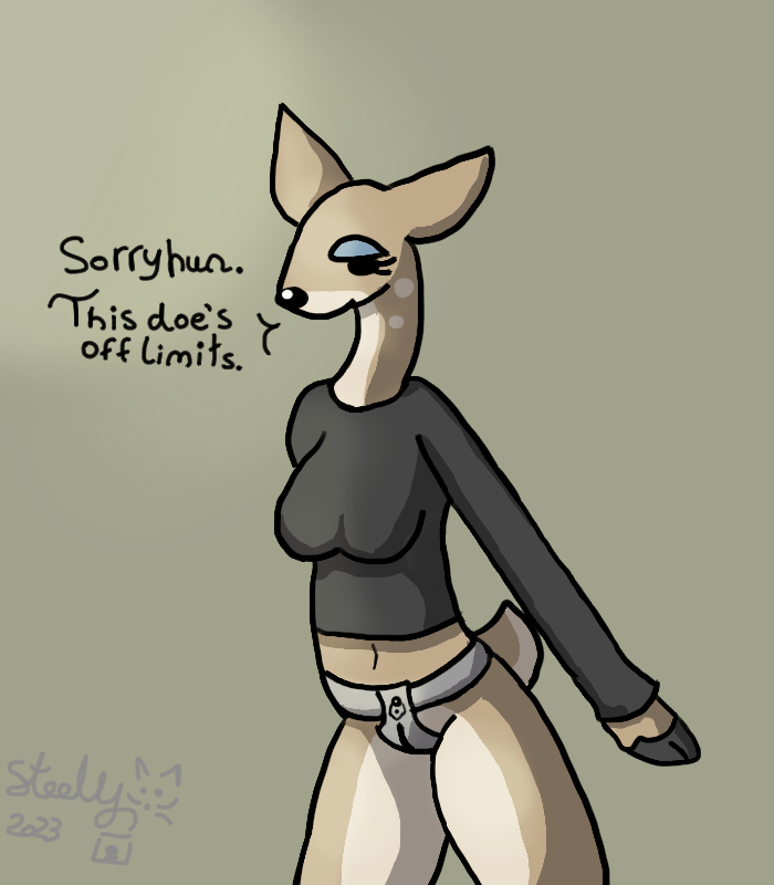 2023 anthro black_clothing black_shirt black_topwear bottomless bottomless_anthro bottomless_female breasts chastity_belt chastity_device clothed clothing deer dialogue english_text female green_background hoof_hands hooves lock mammal metal_chastity_belt padlock shaded shirt simple_background standing steelgatomon submissive submissive_anthro submissive_female text topwear