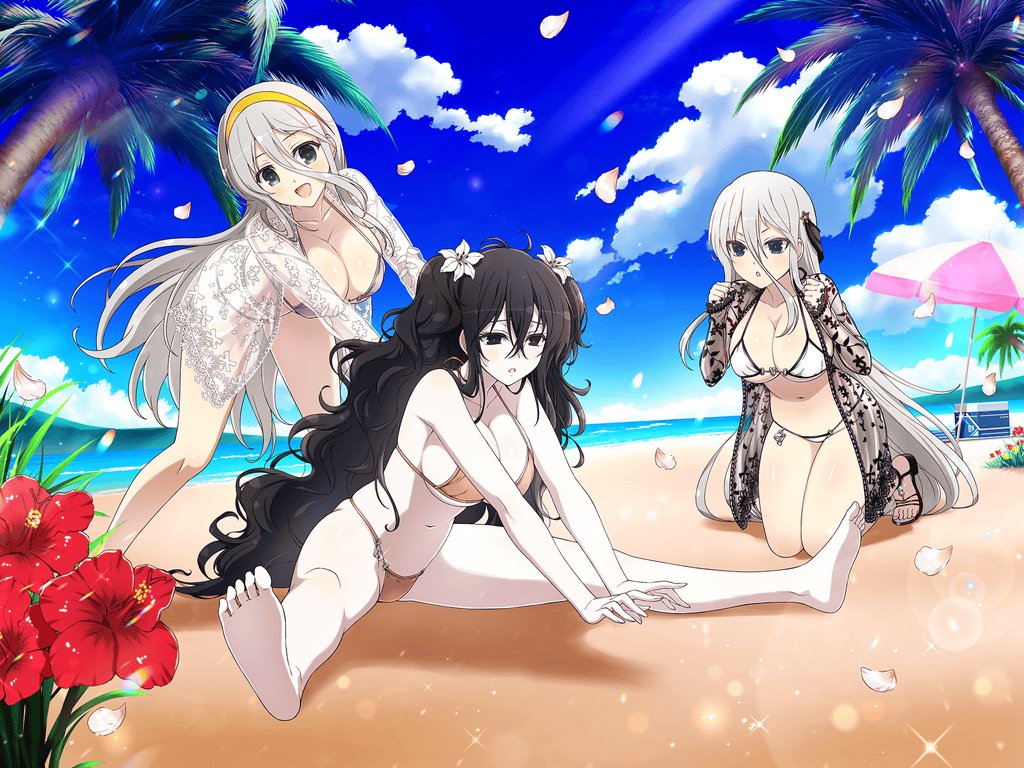3girls :d :o assisted_stretching bare_shoulders barefoot beach beach_towel beach_umbrella bikini black_eyes black_hair blue_sky blush breasts brown_bikini cheering cleavage cloud cooler day falling_petals flower fubuki_(senran_kagura) gekkou_(senran_kagura) grass green_eyes grey_bikini grey_hair groin hair_between_eyes hair_flower hair_ornament hairband hands_on_another's_back hibiscus horizon jewelry large_breasts lens_flare light_particles long_hair looking_at_another looking_at_viewer mountain multiple_girls navel ocean official_art outdoors palm_leaf palm_tree pentagram petals pink_umbrella plant red_flower sand sandals senkou_(senran_kagura) senran_kagura senran_kagura_new_link shiny_skin shore siblings sidelocks sisters sitting sky smile sparkle star_(symbol) star_hair_ornament stretching sunlight swimsuit tareme towel tree tropical tsurime two-tone_umbrella umbrella underboob very_long_hair water waves wavy_hair white_bikini white_lily white_umbrella yaegashi_nan yellow_hairband