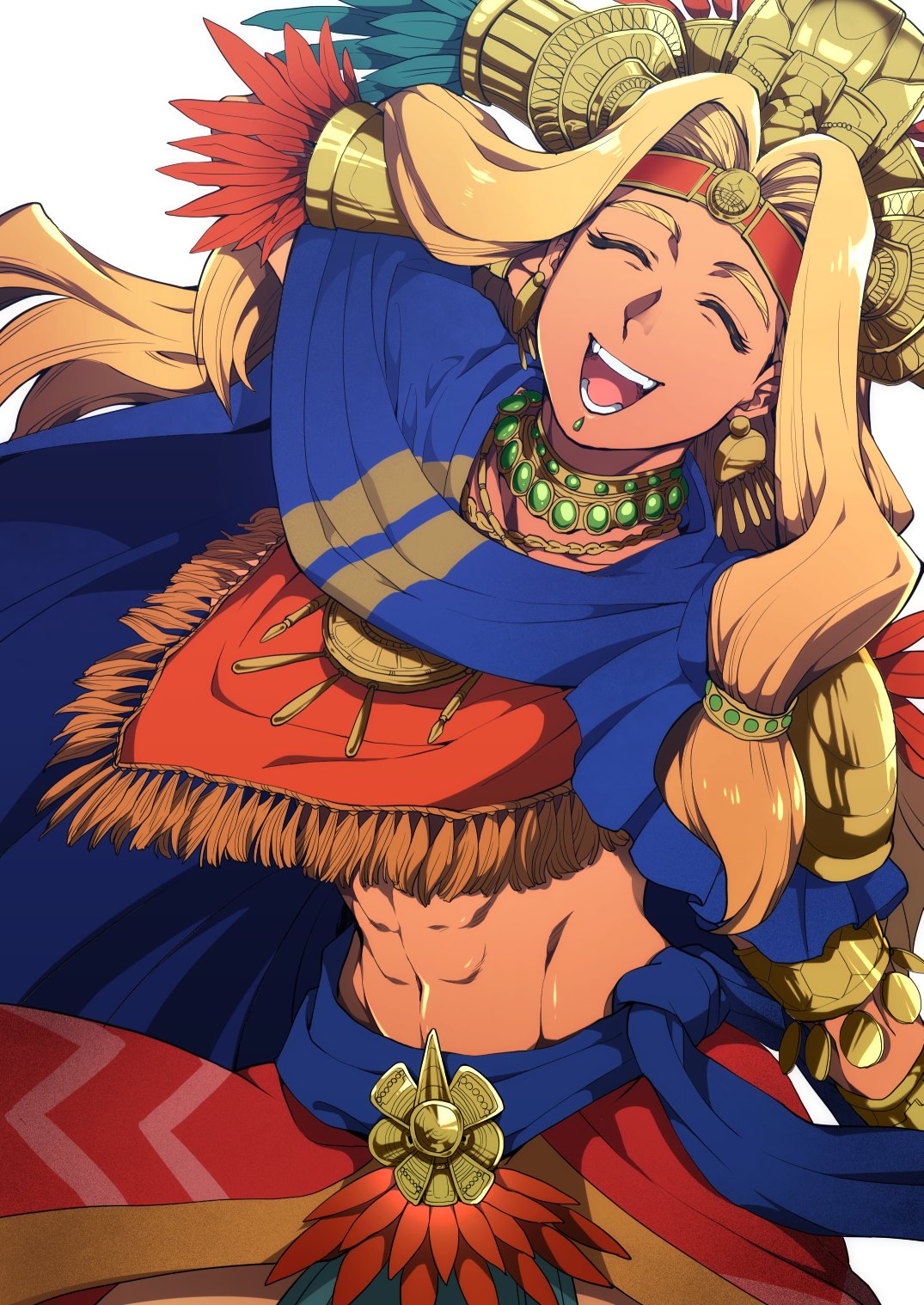 1girl abs aztec blonde_hair bracer chin_piercing earrings eyelashes fate/grand_order fate_(series) happy headdress highres jewelry long_hair masuiiizo midriff muscular muscular_female navel open_mouth poncho quetzalcoatl_(fate) simple_background smile solo teeth white_background