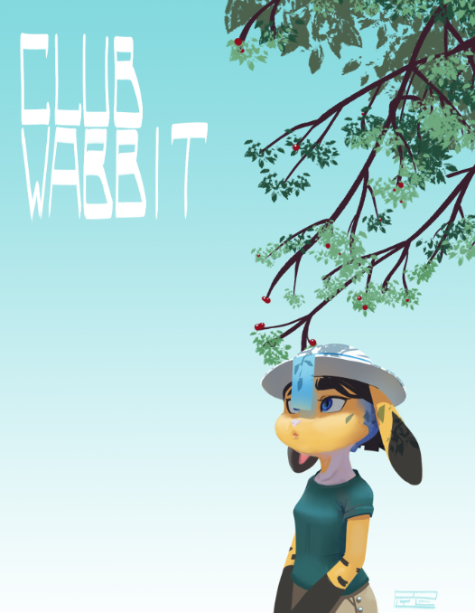 2023 abby_(polyle) anthro biped black_hair black_markings blue_eyes breasts cherry_blossom cherry_blossom_tree cherry_tree clothed clothing dipstick_ears ears_down english_text female fruit_tree gloves_(marking) grey_clothing grey_shirt grey_topwear hair hat headgear headwear lagomorph leporid mammal markings multicolored_ears orange_body outside pivoted_ears plant polyle rabbit shirt small_breasts solo standing text topwear tree