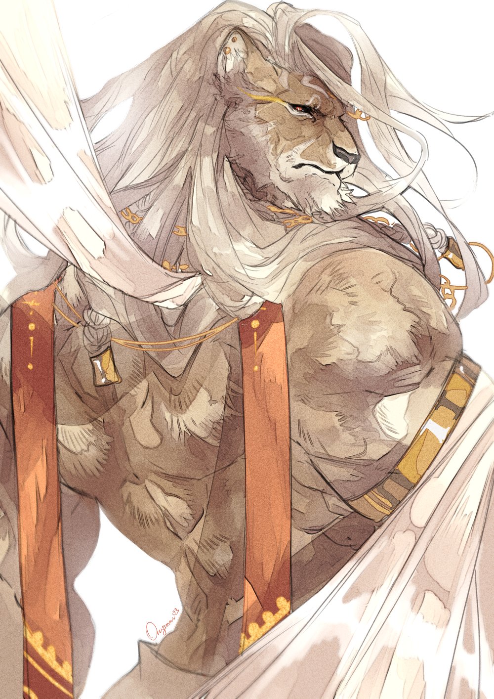1boy animal_ears armlet bara black_sclera braid colored_sclera dislyte ear_piercing english_commentary from_behind furry furry_male hair_ornament highres javid_(shamash)_(dislyte) lion_boy lion_ears lion_mane looking_at_viewer male_focus muscular muscular_male orenjimaru piercing red_eyes signature topless_male white_background