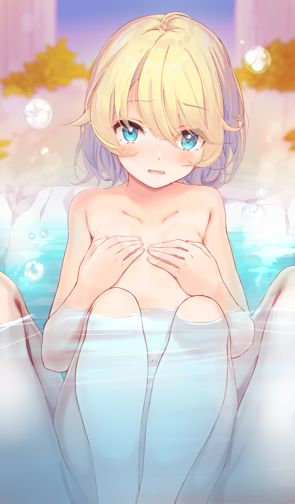 1boy 1girl ahoge bath bathing bathtub blonde_hair blue_eyes blush breasts collarbone commentary completely_nude covering covering_breasts covering_nipples embarrassed esia_mariveninne eyes_visible_through_hair highres komone_ushio looking_at_viewer mixed_bathing navel nude nude_cover open_mouth original paid_reward_available partially_submerged pov shared_bathing short_hair sitting small_breasts swept_bangs water wet