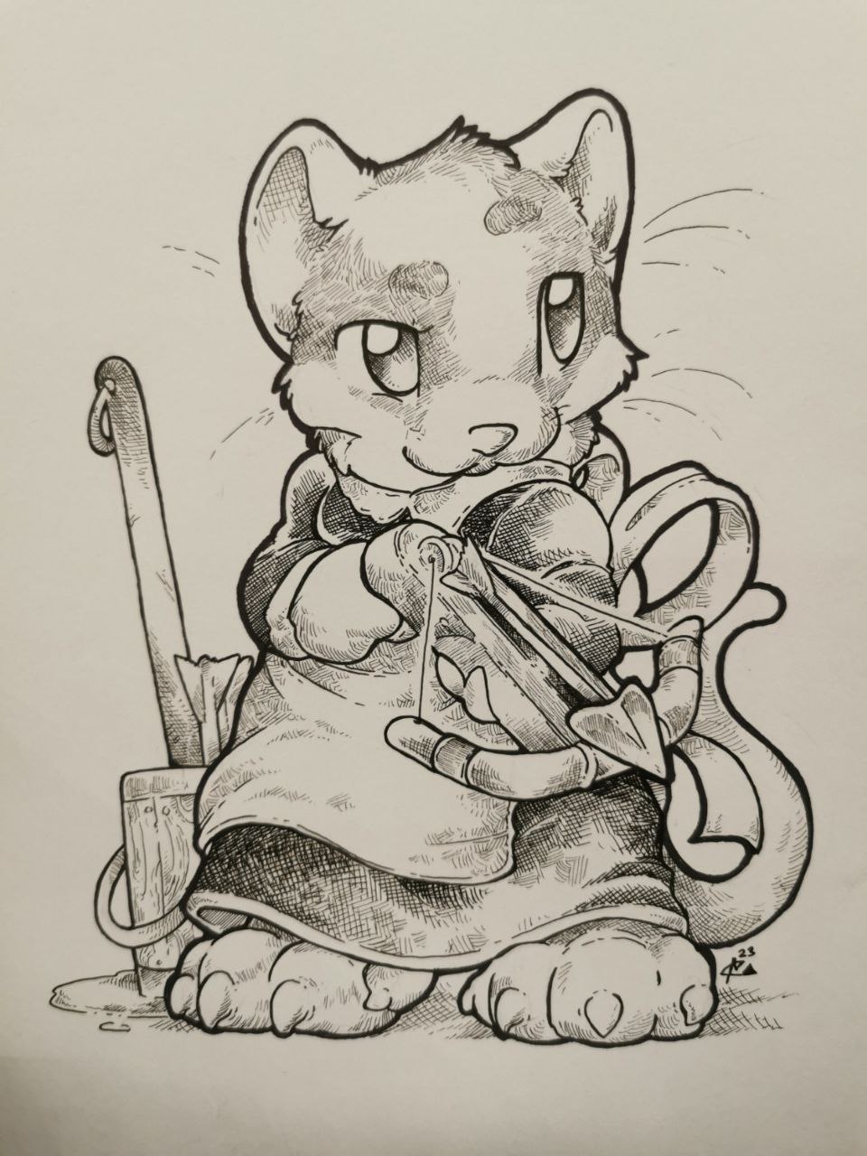 2023 ambiguous_gender anthro apron bucket claws cleaning_tool clothed clothing container crossbow crossbow_bolt fully_clothed hi_res holding_crossbow konno_(miwauturu) maid_uniform mammal monochrome mop mouse murid murine nonbinary_(lore) o-kemono pen_(artwork) ranged_weapon rodent solo toe_claws traditional_media_(artwork) uniform weapon whiskers
