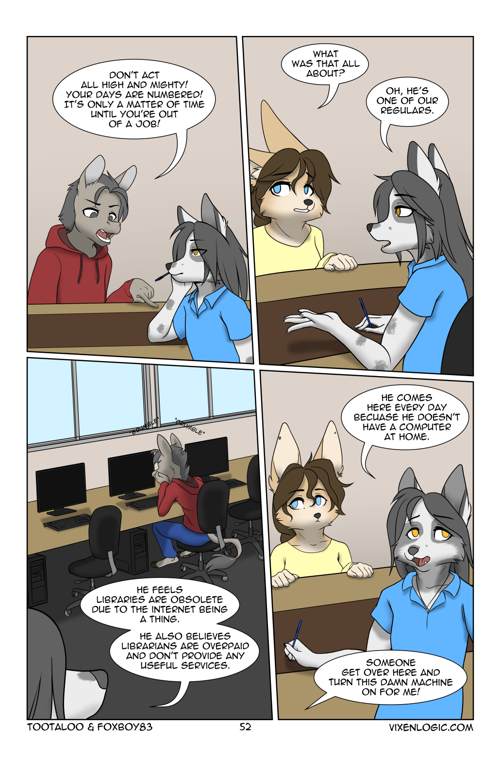 anthro asinus blue_bottomwear blue_clothing blue_eyes blue_pants blue_shirt blue_topwear bottomwear brown_hair canid canine chair cheek_tuft clothed clothing colored comic computer desk dialogue digital_media_(artwork) donkey equid equine facial_tuft female fennec fox foxboy83 fully_clothed fur furniture grey_body grey_eyes grey_fur grey_hair hair hi_res holding_object holding_pen hoodie inside long_hair male mammal marble_(vixen_logic) marble_fox office_chair pants pen pen_in_mouth pendant red_clothing red_fox red_hoodie red_topwear shirt sitting speech_bubble table tan_body tan_fur tootaloo topwear tuft vixen_logic white_body white_fur yellow_clothing yellow_eyes yellow_shirt yellow_topwear zerda_(vixen_logic)