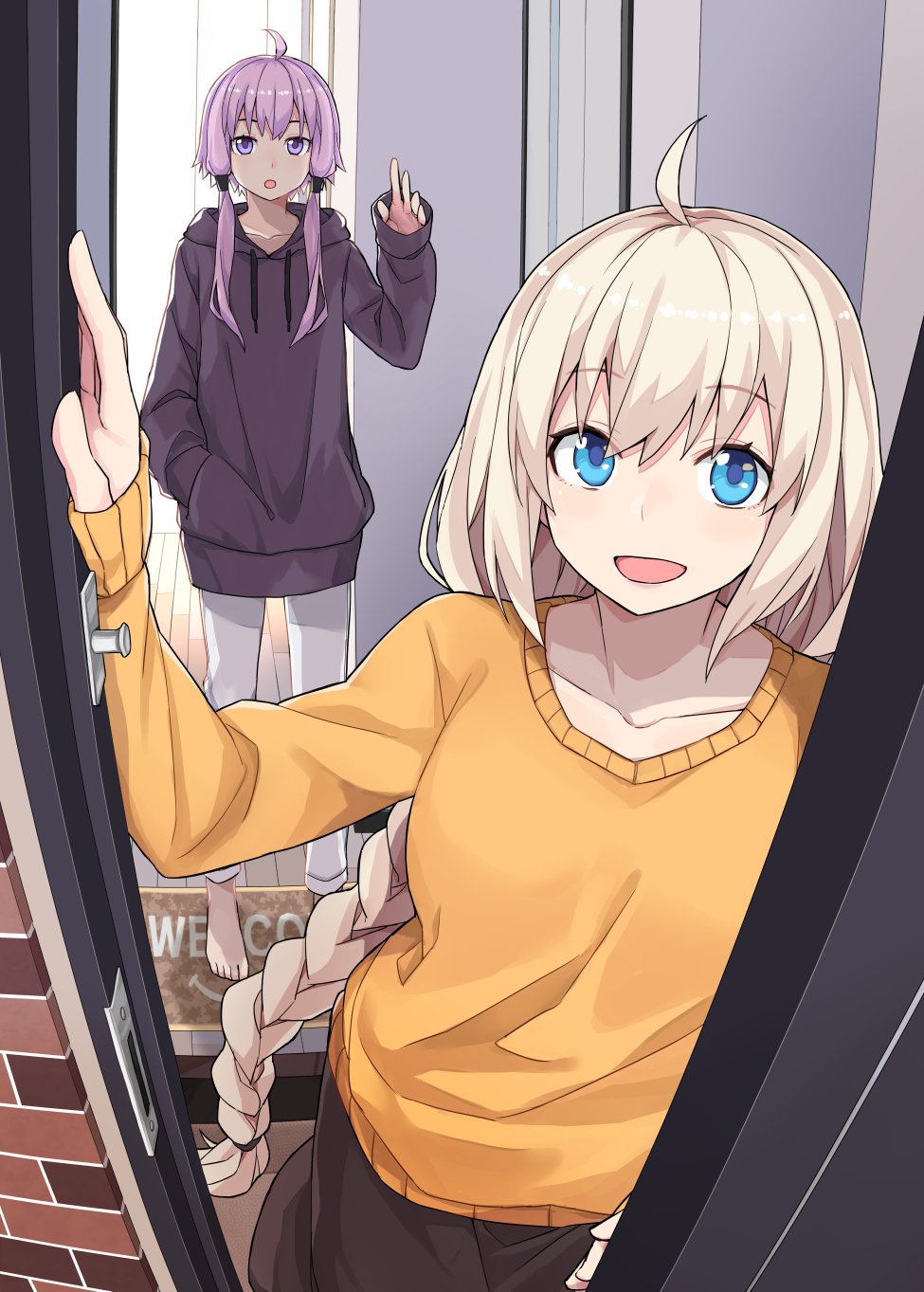 2girls ahoge barefoot black_hoodie black_skirt blue_eyes braid casual collarbone commentary_request drawstring fisheye hand_in_pocket hand_up highres hood hood_down hoodie house indoors kizuna_akari long_hair long_sleeves looking_at_viewer multiple_girls open_mouth opening_door orange_sweater pants pov_doorway purple_eyes purple_hair short_hair_with_long_locks skirt smile sweater toromera twin_braids very_long_hair vocaloid voiceroid waving welcome_mat white_hair white_pants yuzuki_yukari