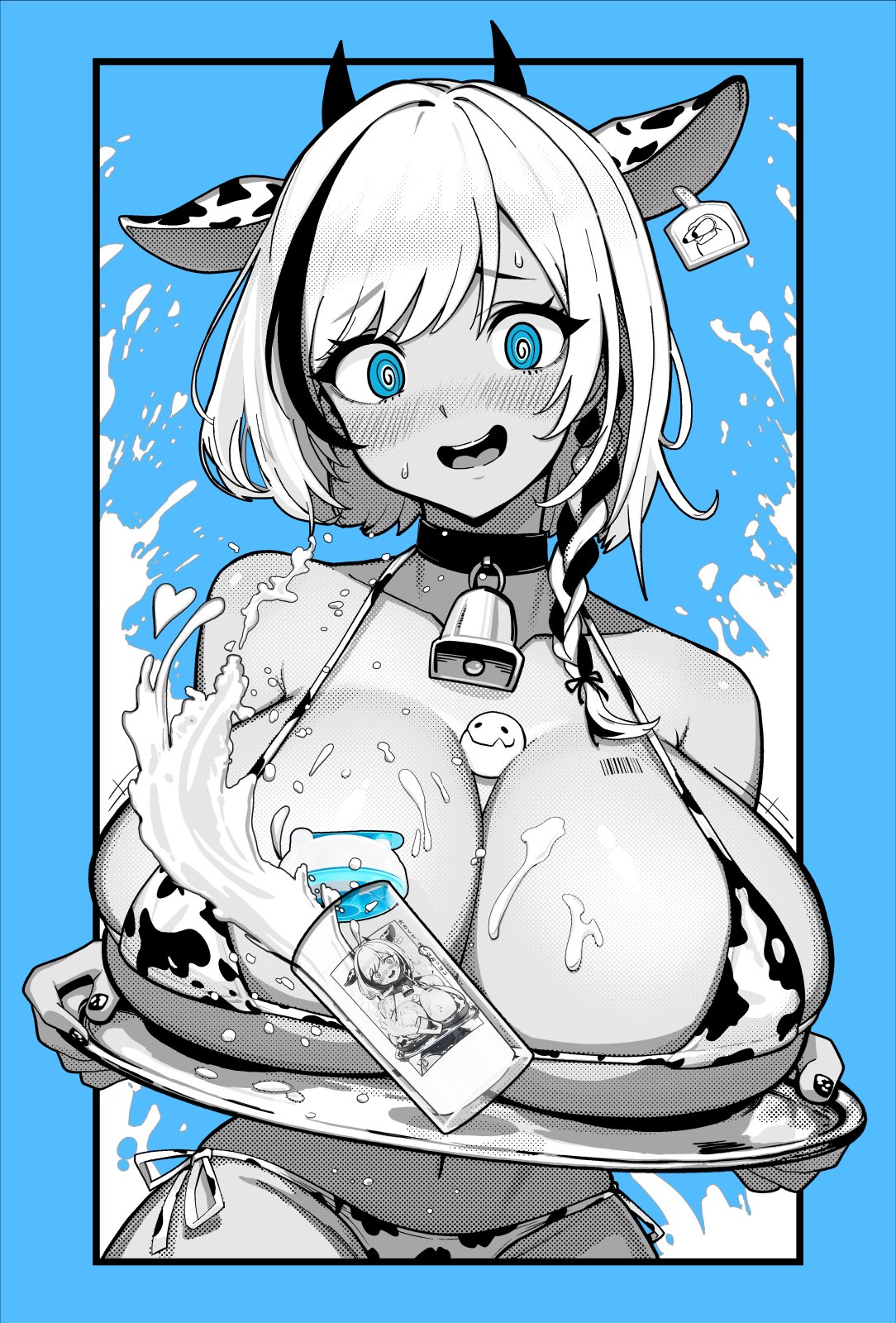 1girl animal_ears animal_print bell bikini blue_eyes breasts breasts_on_tray clickdraws cow_print cowbell cup english_commentary fake_animal_ears fake_horns highres holding holding_tray horns huge_breasts looking_at_viewer milk monochrome original short_hair spill standing swimsuit tray