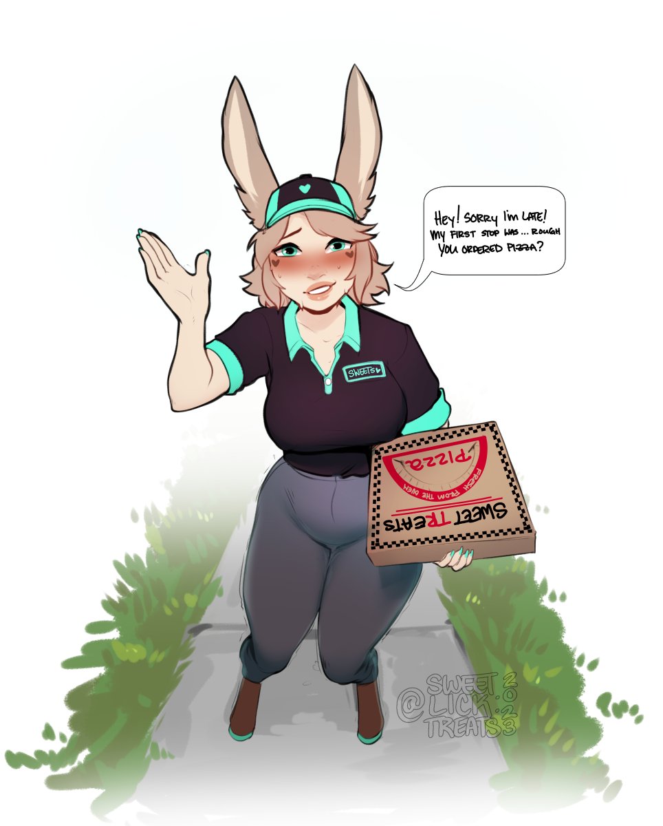 &lt;3 animal_humanoid clothed clothing delivery_(commerce) english_text female food food_delivery hi_res humanoid lagomorph lagomorph_humanoid leporid_humanoid looking_at_viewer mammal mammal_humanoid pizza pizza_box pizza_delivery rabbit_ears rabbit_humanoid simple_background solo speech_bubble sweetlicktreats teal_eyes text text_on_box text_on_clothing white_background