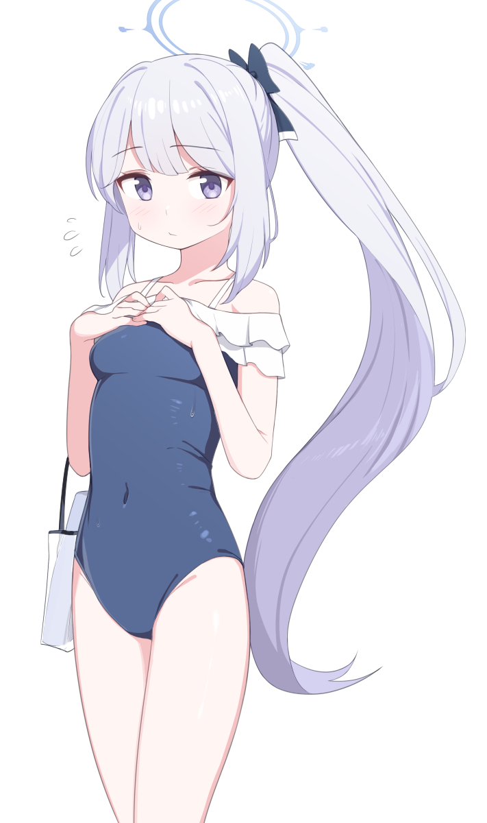 1girl bag blue_archive blue_halo blue_one-piece_swimsuit blush breasts covered_navel halo hands_on_own_chest highres long_hair looking_at_viewer medium_breasts miyako_(blue_archive) miyako_(swimsuit)_(blue_archive) official_alternate_costume one-piece_swimsuit ponytail purple_eyes saiste simple_background solo standing swimsuit thighs white_background white_hair