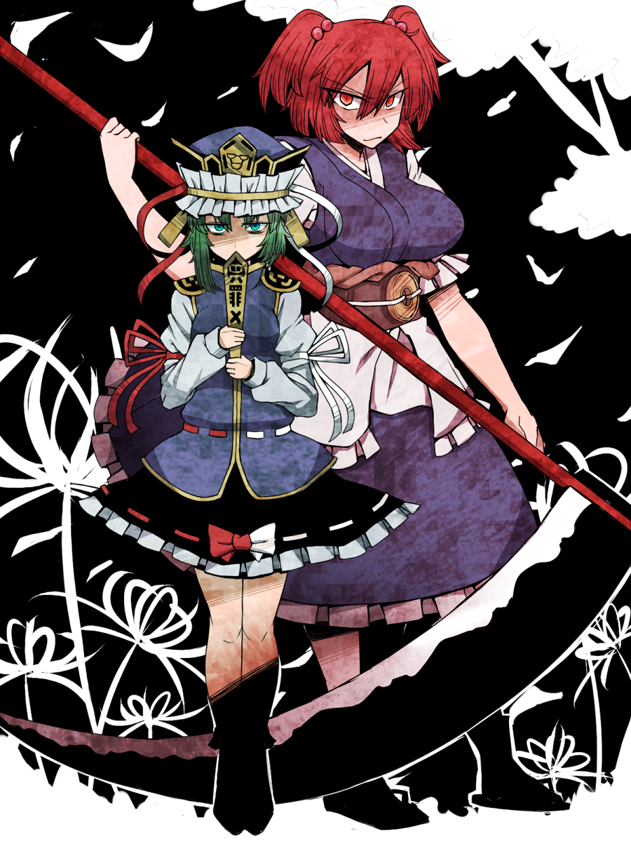 2girls asymmetrical_hair black_background black_skirt blue_eyes blue_headwear blue_kimono blue_vest bow breasts brown_sash buttons closed_mouth coin coin_on_string commentary_request epaulettes falling_petals flower frilled_hat frills full_body green_hair hair_between_eyes hair_bobbles hair_ornament hat highres holding holding_scythe holed_coin japanese_clothes kimono kuri_dora large_breasts long_bangs long_sleeves looking_at_viewer medium_bangs medium_breasts multiple_girls obi onozuka_komachi petals red_bow red_eyes red_hair red_ribbon ribbon ribbon-trimmed_skirt ribbon-trimmed_vest ribbon_trim rod_of_remorse sash scythe shaded_face shiki_eiki shirt short_hair skirt sleeve_ribbon smile spider_lily standing touhou tree two-tone_background two-tone_bow two_side_up vest white_background white_bow white_ribbon white_shirt
