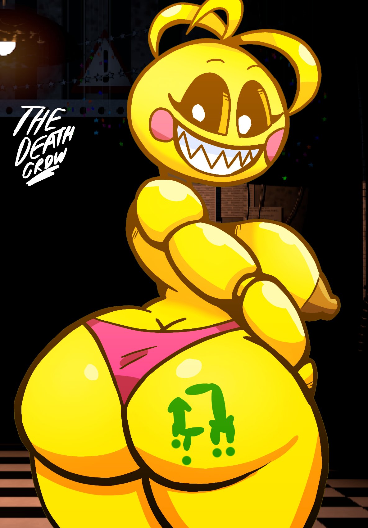 animatronic anthro avian big_breasts bird breasts butt chicken clothing female five_nights_at_freddy's five_nights_at_freddy's_2 galliform gallus_(genus) hi_res machine phasianid retweet robot scottgames smile solo thedeathcrow05 thong toy_chica_(fnaf) underwear yellow_body