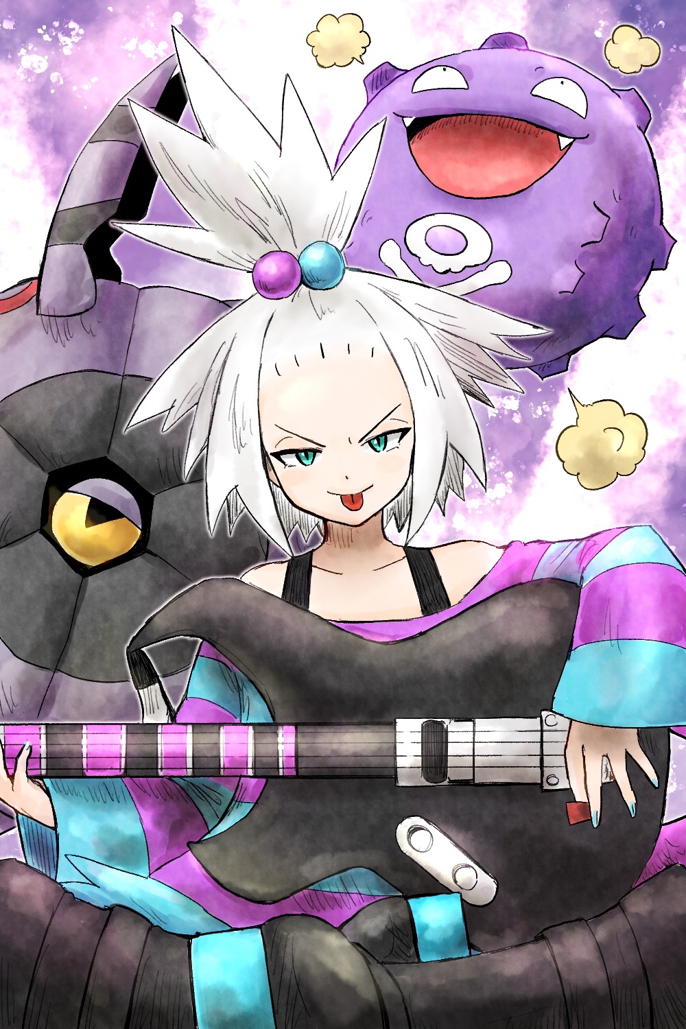 1girl aqua_eyes black_footwear colored_sclera fangs highres holding holding_instrument holding_plectrum instrument kicdon koffing looking_at_viewer nail_polish plectrum pokemon pokemon_(creature) pokemon_(game) pokemon_bw2 roxie_(pokemon) sitting tongue tongue_out topknot v-shaped_eyebrows whirlipede white_hair yellow_sclera