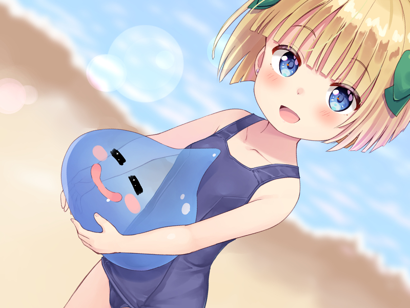 1girl 1other beach blonde_hair blue_eyes blue_one-piece_swimsuit blush bow child dragon_quest female_child hair_bow hero's_daughter_(dq5) looking_at_viewer monster one-piece_swimsuit open_mouth outdoors ribbon school_swimsuit short_hair slime_(creature) slime_(dragon_quest) smile swimsuit tenjou_ryuka
